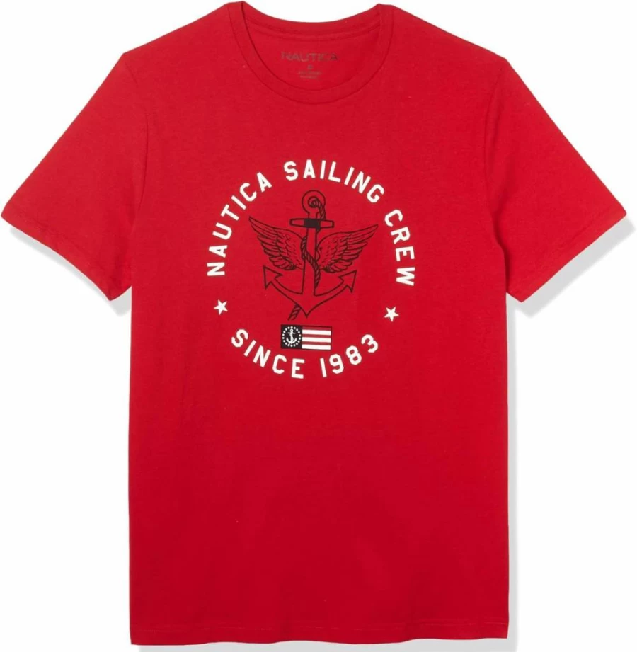 Nautica Men's Patriotic American Flag Cotton T-Shirt - 100% Soft Breathable Casual Tee with Logo Graphic
