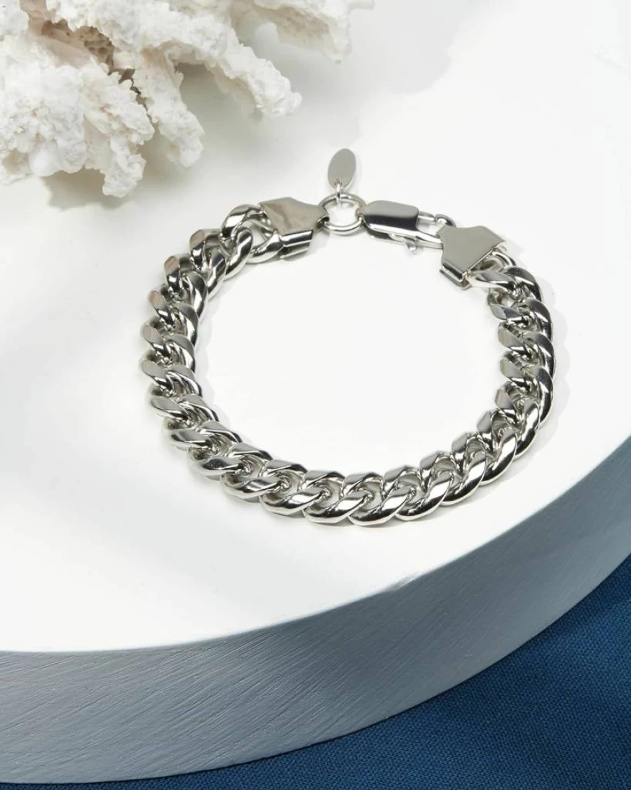 Nautica Men's Stainless Steel Miami Cuban Link Chain Bracelet for Men - Flat Link Design