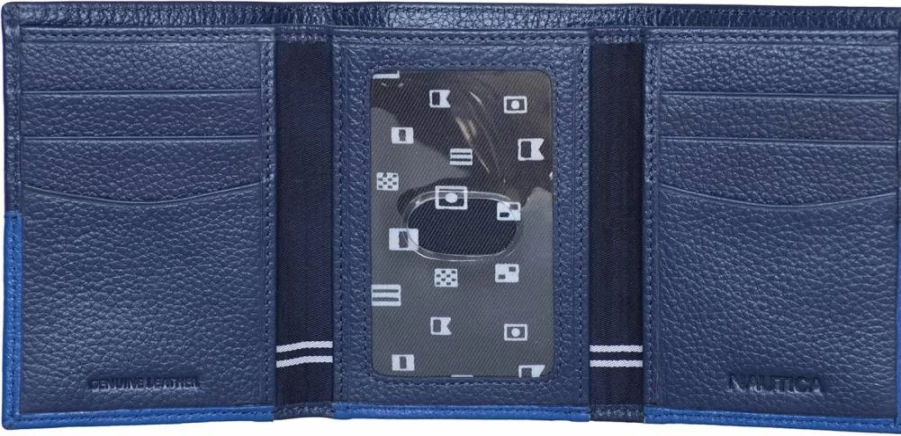 Nautica Men's Genuine Leather RFID Blocking Trifold Wallet with ID Window & Multiple Card Slots | Durable Designer Wallet for Men