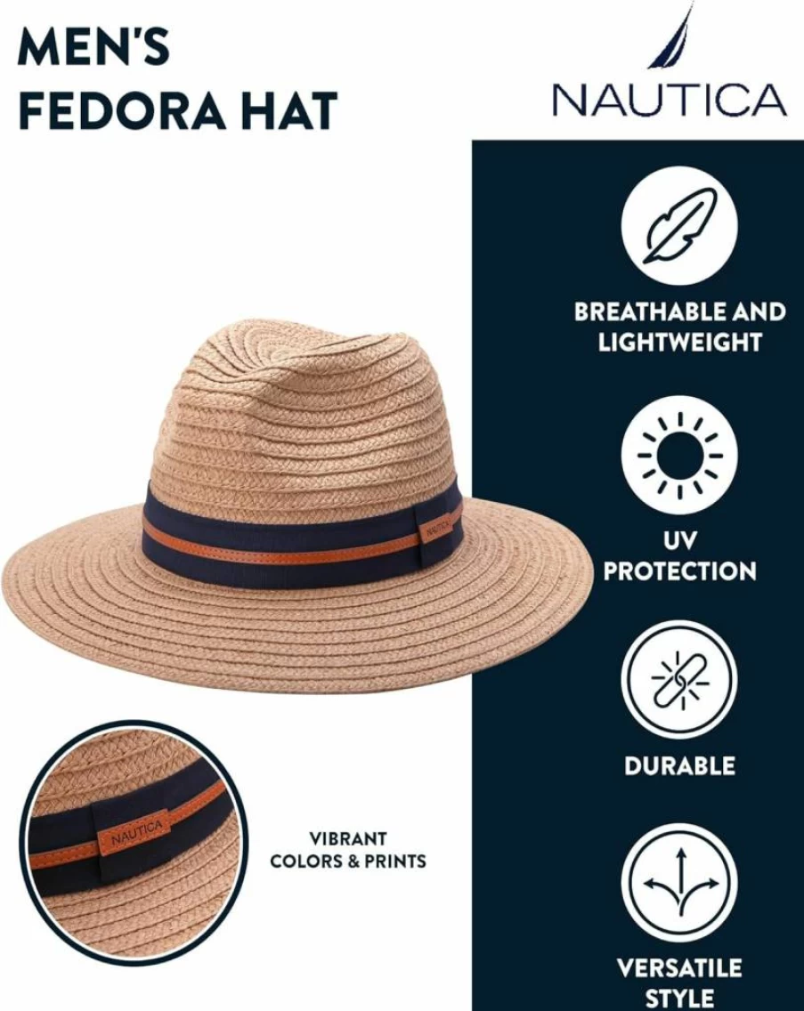 Nautica Men's Classic Straw Fedora Hat with UV Protection & Decorative Band for Outdoor Sun Protection