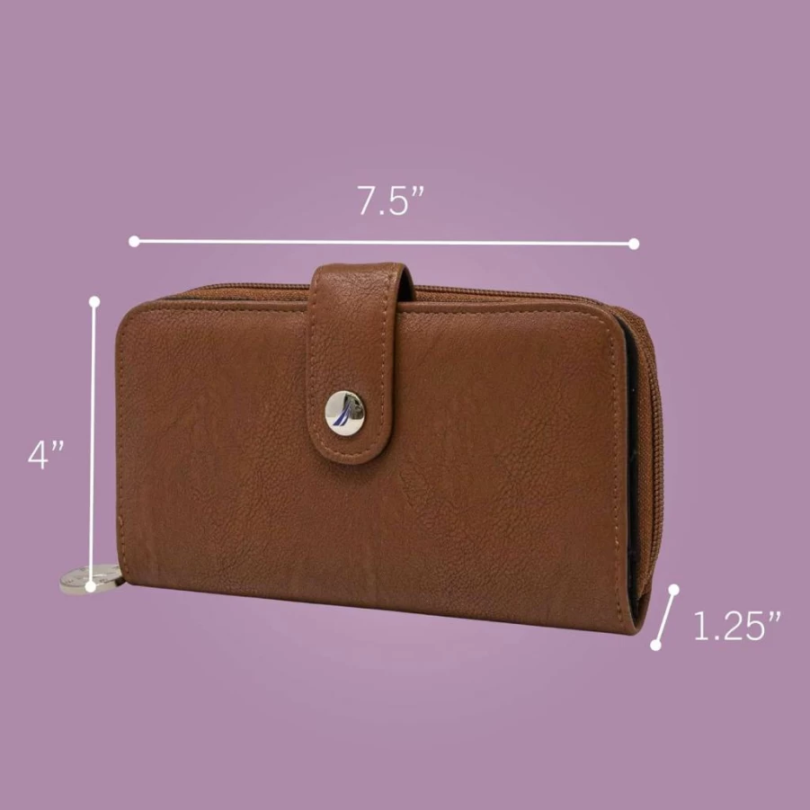 Nautica Women's RFID Vegan Leather Zip Around Wallet with Phone Holder, Card Slots & Checkbook Pocket - Marine