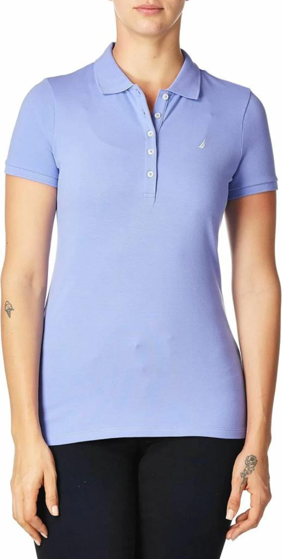 Nautica Women's Short Sleeve Cotton Polo Shirt with 5-Button Placket