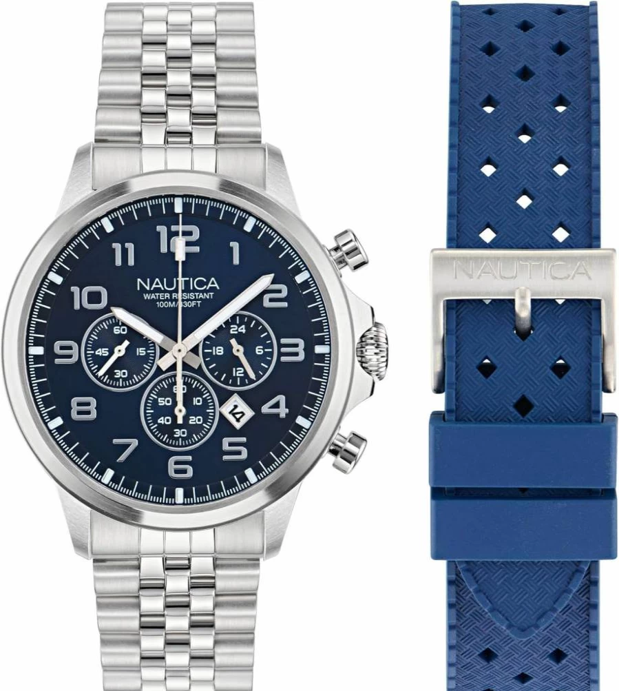 Nautica Men's Stainless Steel Bracelet & Blue Rubber Strap Watch - Model NAPBOS406 | Waterproof Casual Dress Wristwatch for Men