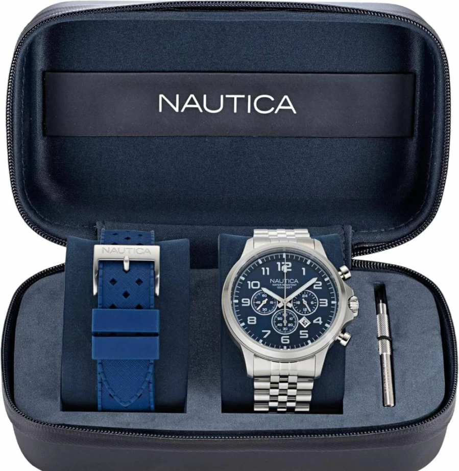 Nautica Men's Stainless Steel Bracelet & Blue Rubber Strap Watch - Model NAPBOS406 | Waterproof Casual Dress Wristwatch for Men