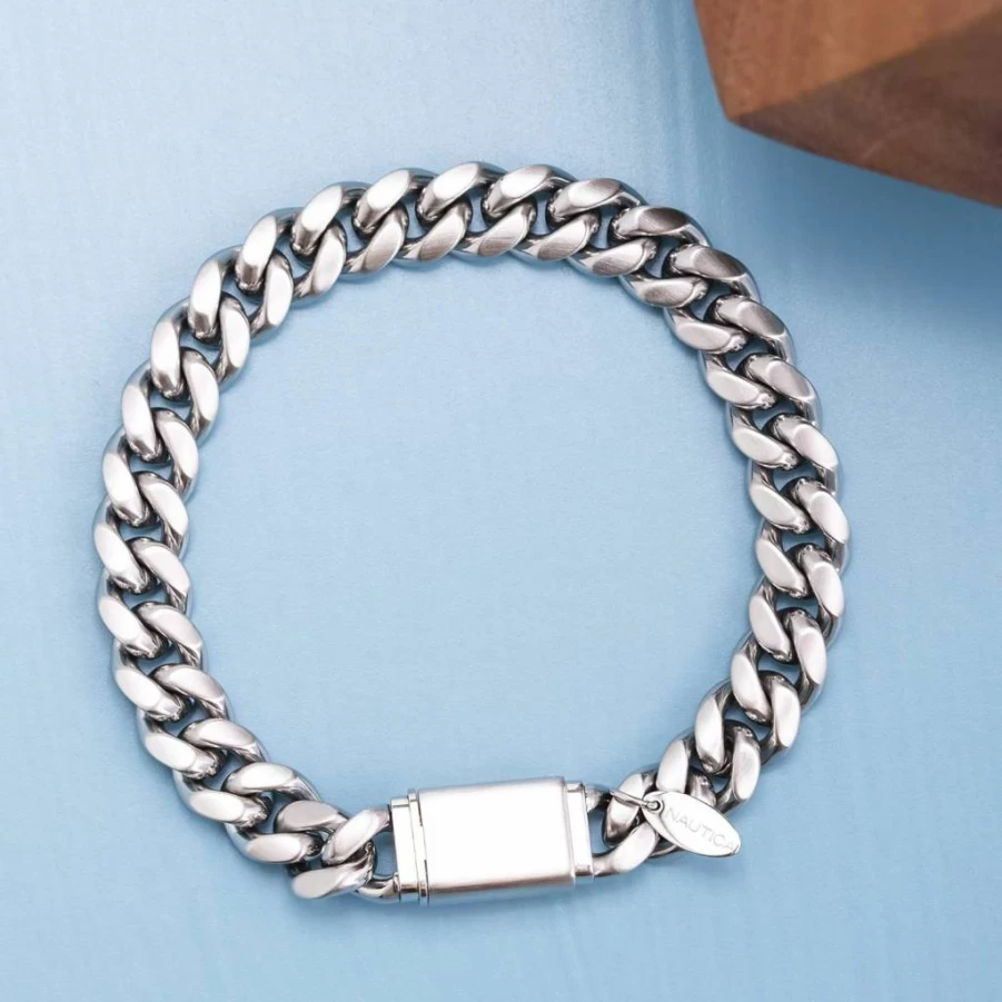 Nautica Men's 10mm Stainless Steel Cuban Link Bracelet with Box Clasp - 8 Inch Adjustable Chain