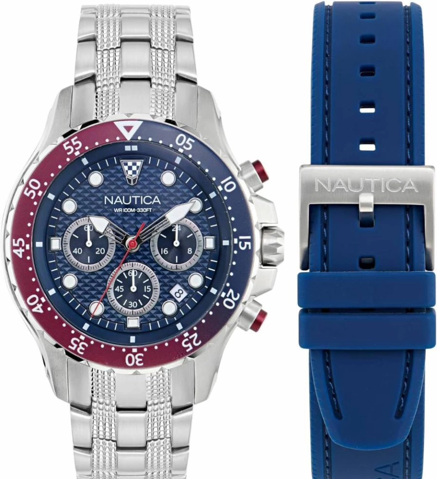 Nautica NST Stainless Steel and Silicone Strap Watch Gift Set for Men - Waterproof Casual Chronograph Wristwatch with Case