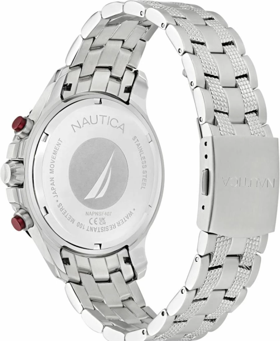 Nautica NST Stainless Steel and Silicone Strap Watch Gift Set for Men - Waterproof Casual Chronograph Wristwatch with Case