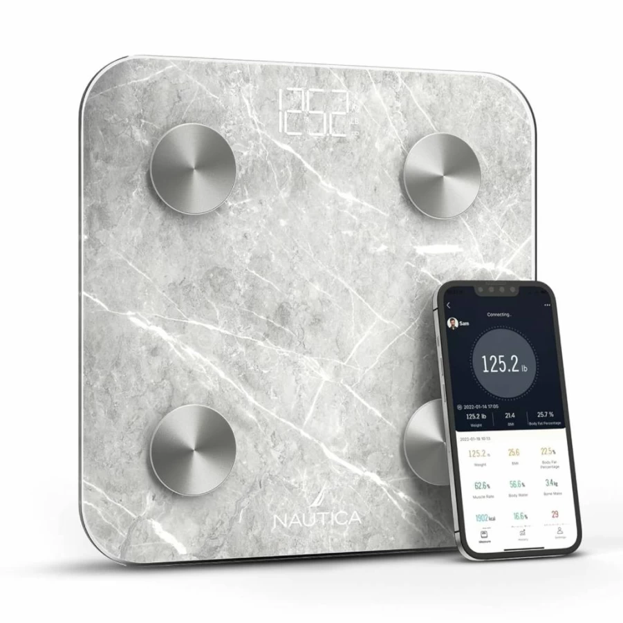 Nautica Bluetooth Smart Bathroom Scale with BMI, Body Fat, Muscle Mass Tracking – Syncs to App, 396 lbs Capacity