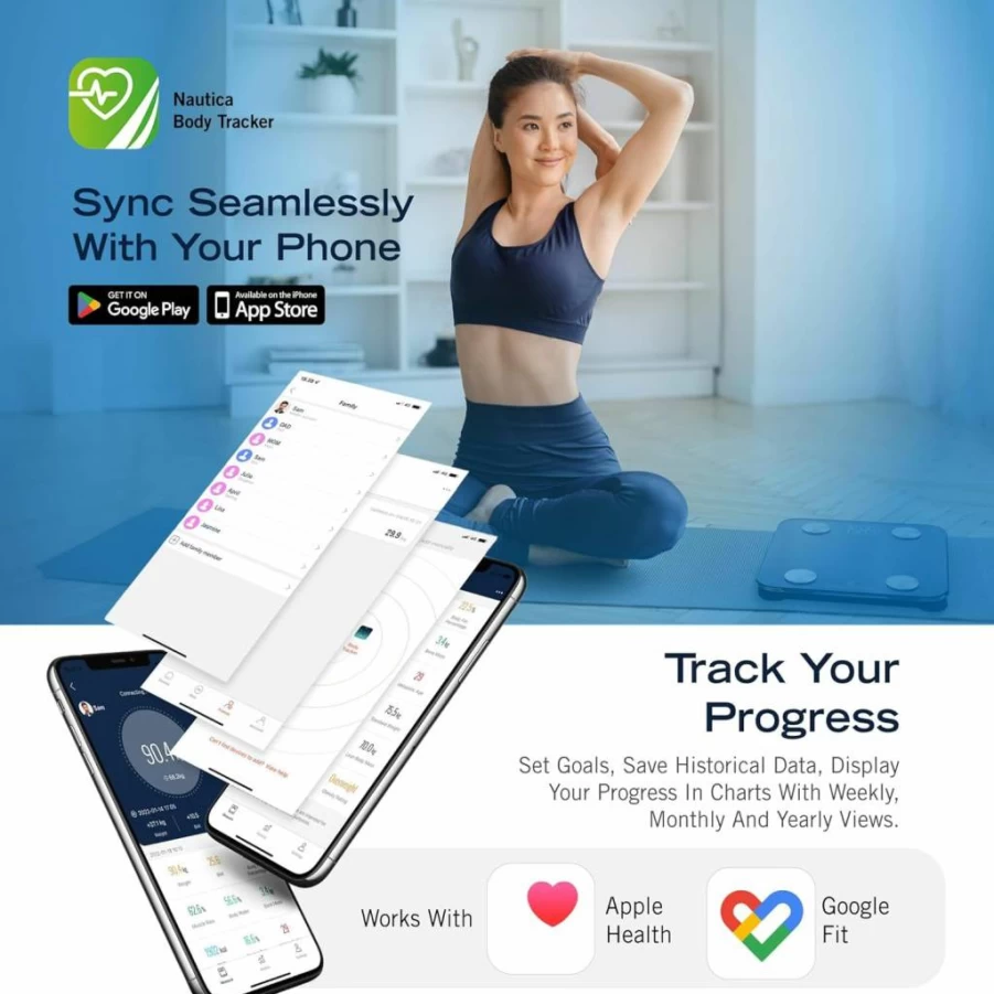 Nautica Bluetooth Smart Bathroom Scale with BMI, Body Fat, Muscle Mass Tracking – Syncs to App, 396 lbs Capacity