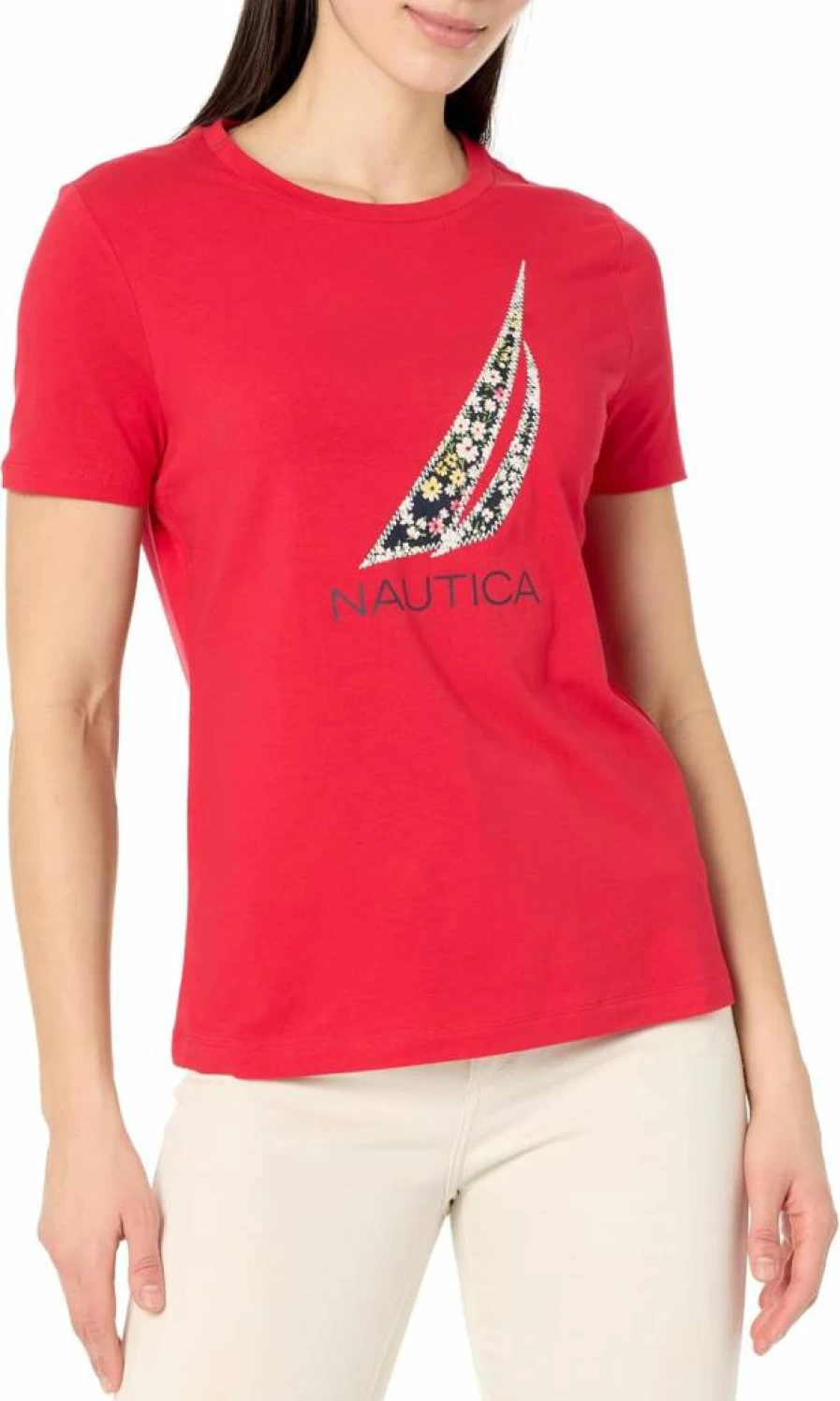Nautica Women's Floral Print Short Sleeve T-Shirt with Logo Crew Neck Cotton Tee