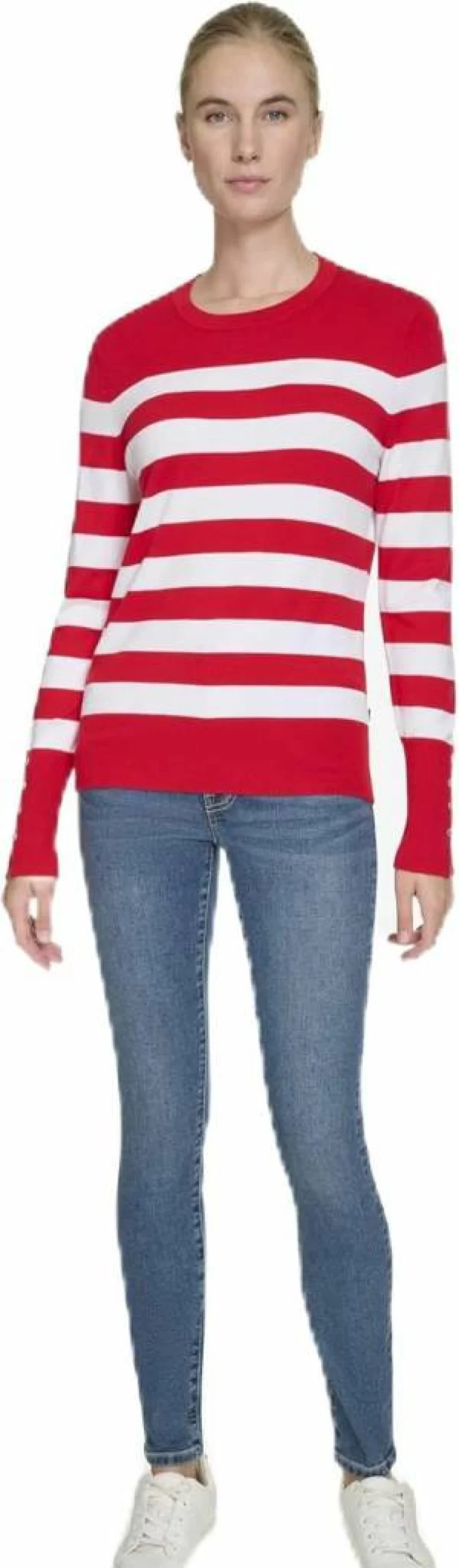 Nautica Women's Striped Long Sleeve Crewneck Sweater - Classic Casual Knit Top for Women