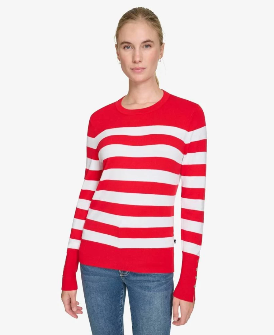 Nautica Women's Striped Long Sleeve Crewneck Sweater - Classic Casual Knit Top for Women