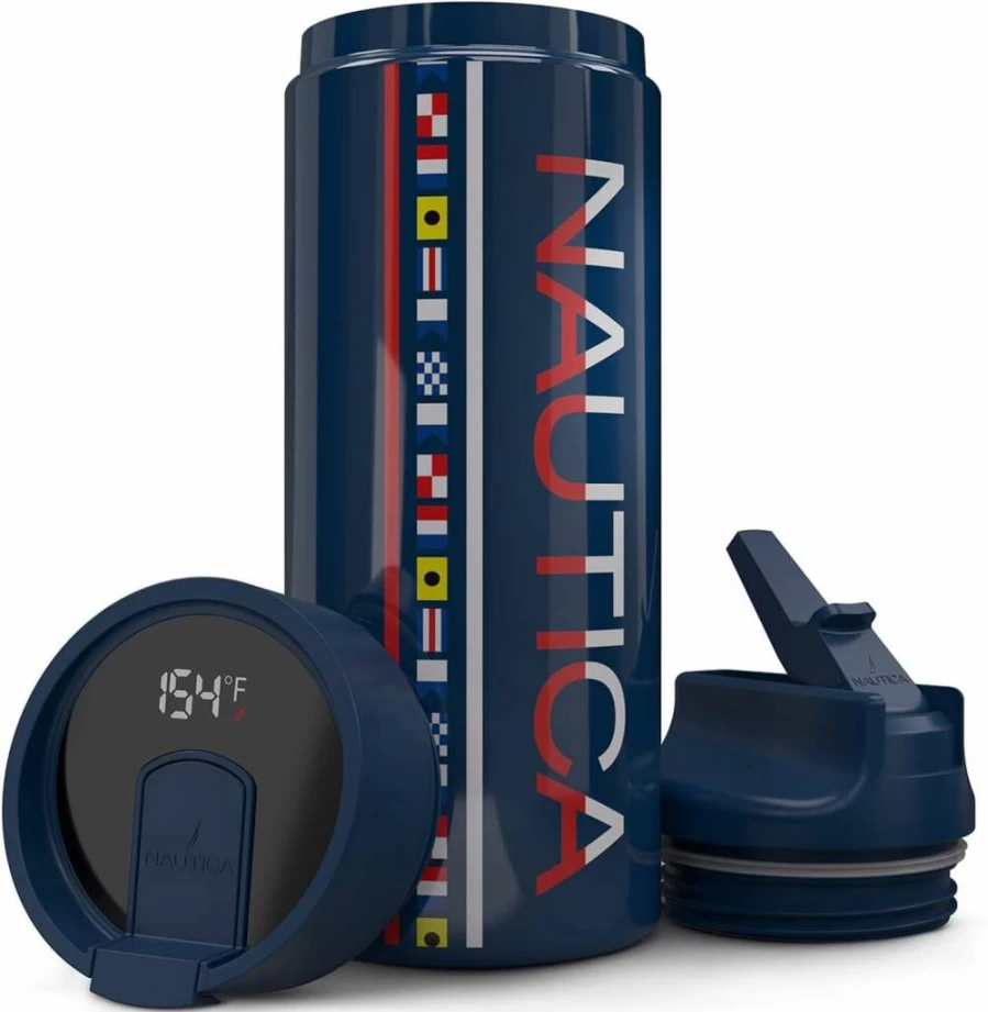Nautica Stainless Steel Vacuum Insulated Smart Tumbler - 32oz LED Display Water Bottle with Straw, Leakproof Lid, Hot & Cold Retention, Sports Edition (Navy Harbor)