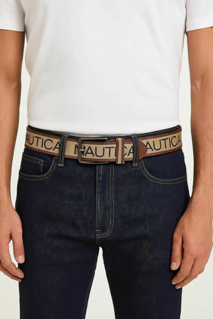Nautica Men's Classic Casual Leather and Canvas Belt with Metal Buckle, Ribbon Detail, and Flag Design