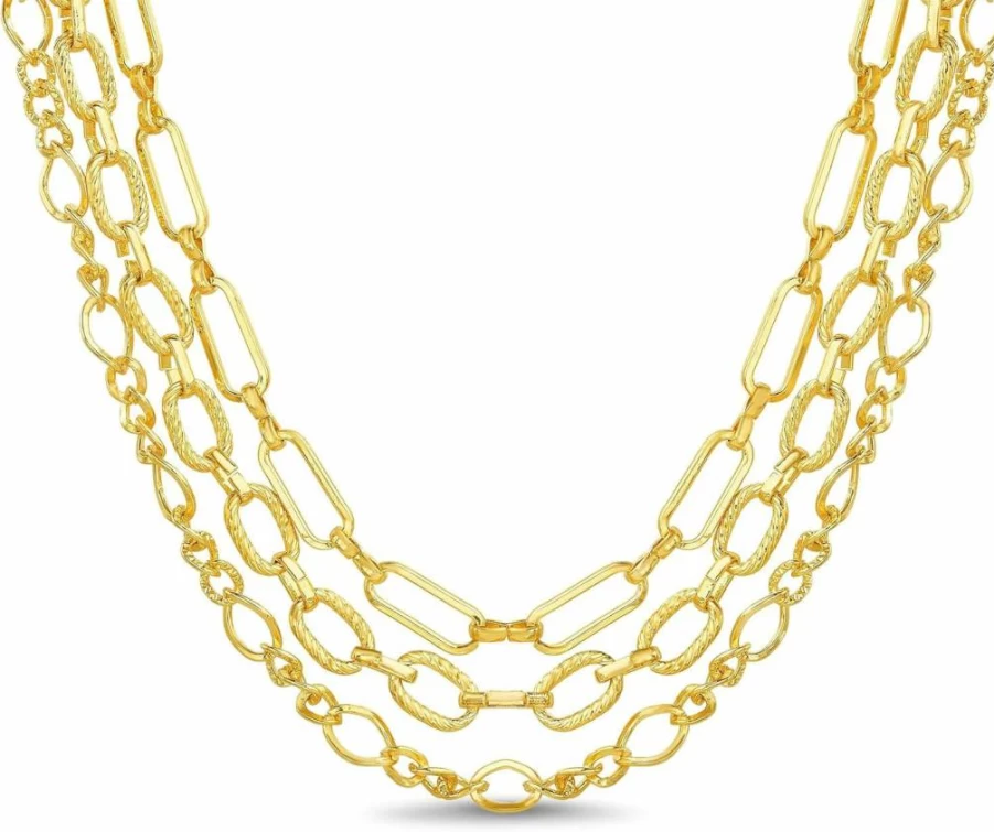 Nautica Women's 14K Gold Plated Layered Chain Necklace - 3 Row Statement Brass Necklace in Gold Tone