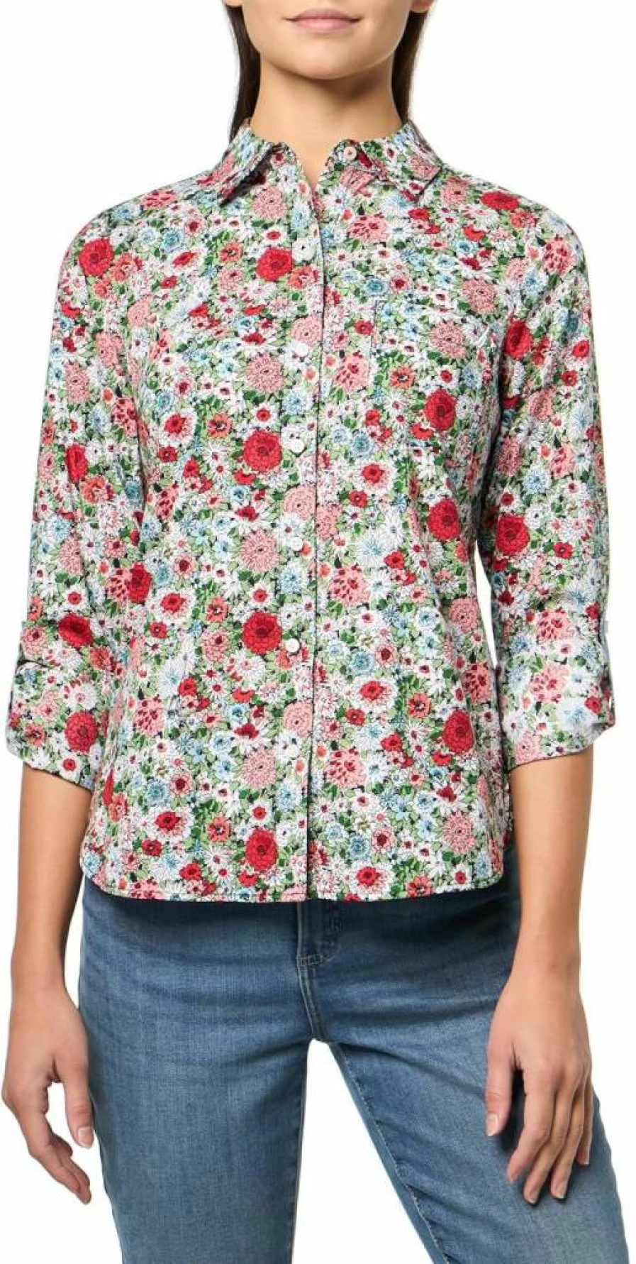 Nautica Women's Casual Long Sleeve Button-Down Shirt with Roll Tab Cuff Detail