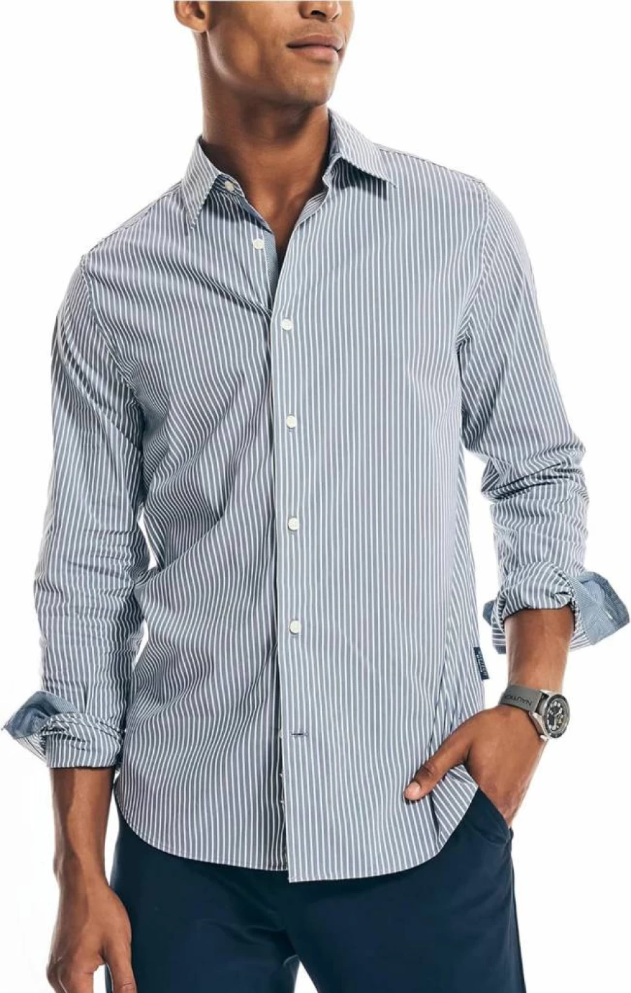 Nautica Men's Navy Blue Striped Button-Down Shirt – Classic Casual Style