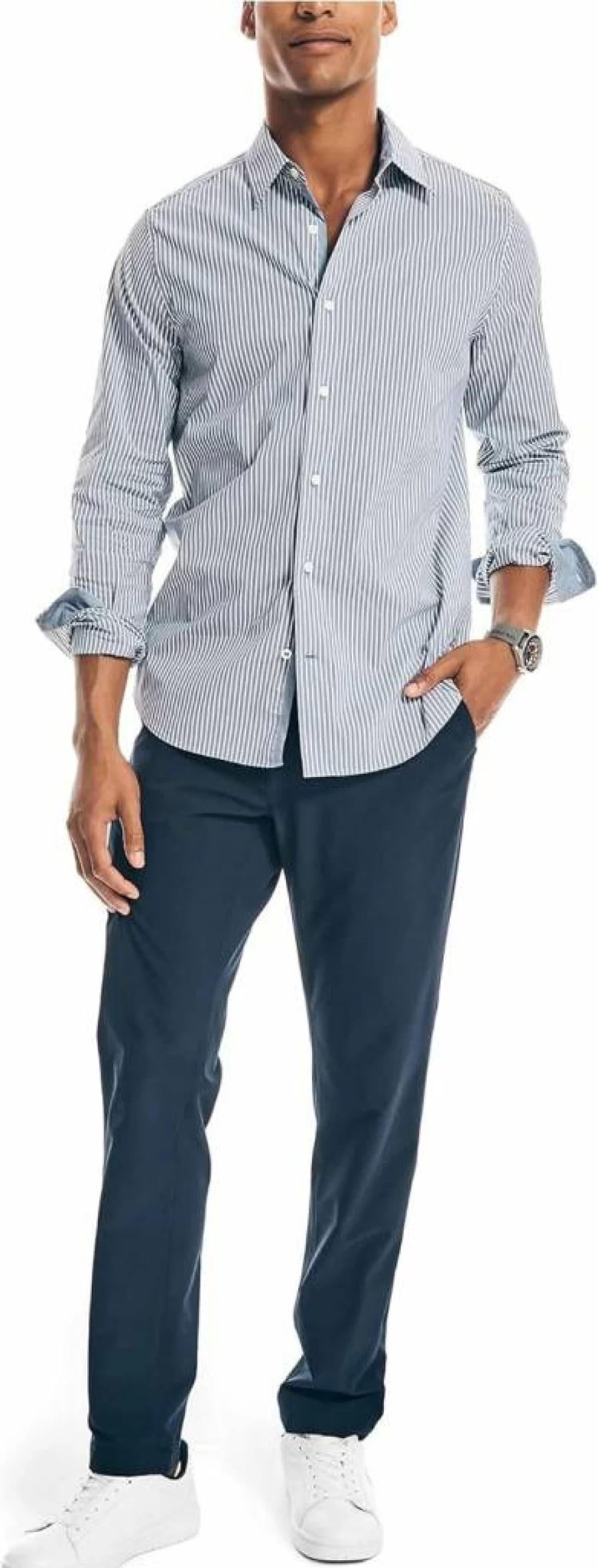 Nautica Men's Navy Blue Striped Button-Down Shirt – Classic Casual Style