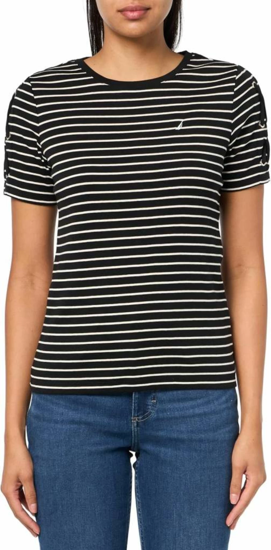 Nautica Women's Cotton Crewneck T-Shirt with Lace-Up Sleeve Detail | Stylish Casual Top