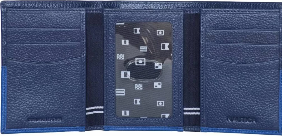Nautica Men's Genuine Leather RFID Blocking Trifold Wallet with ID Window & Multiple Card Slots | Durable Designer Wallet for Men