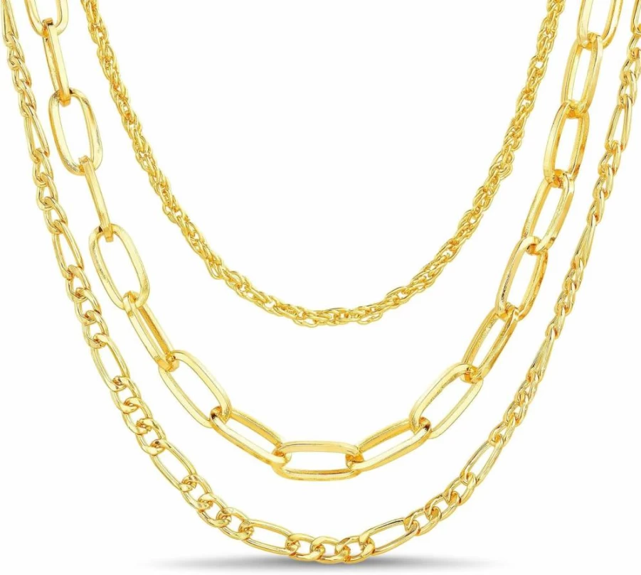 Nautica Women's 14K Gold Plated Layered Chain Necklace - Three Row Statement Brass Necklace in Gold Tone