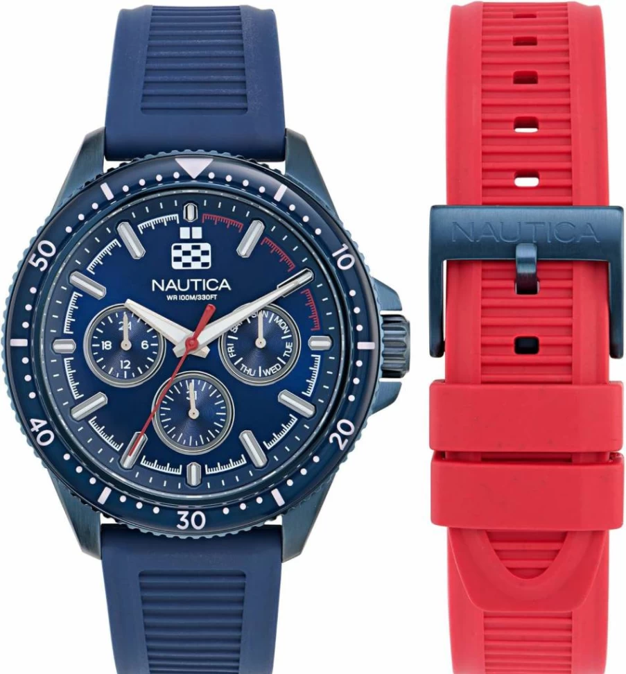 Nautica Windrose Wheat PU Leather Strap Watch Box Set - Men's Casual Chronograph Timepiece