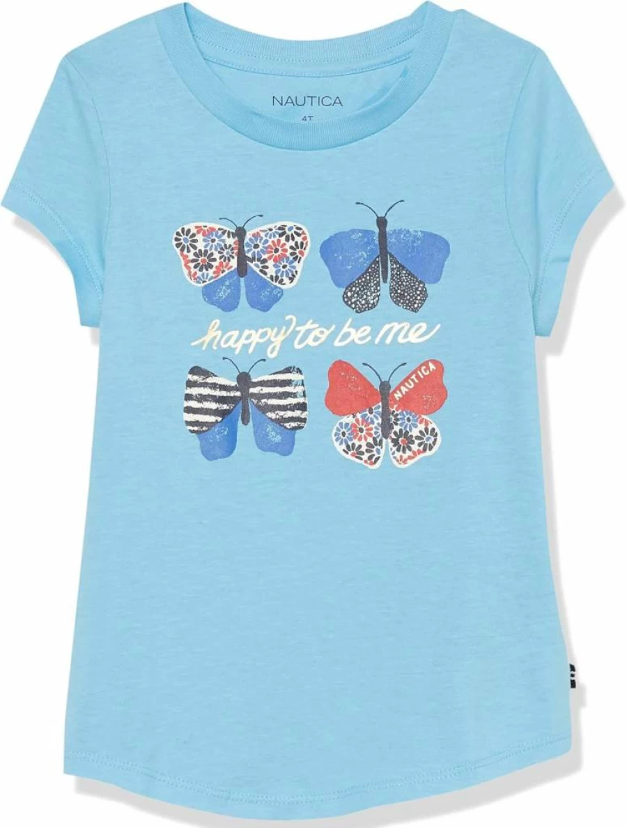 Nautica Girls' Graphic Short Sleeve Cotton T-Shirt - Soft Tagless Comfort Tee for Kids