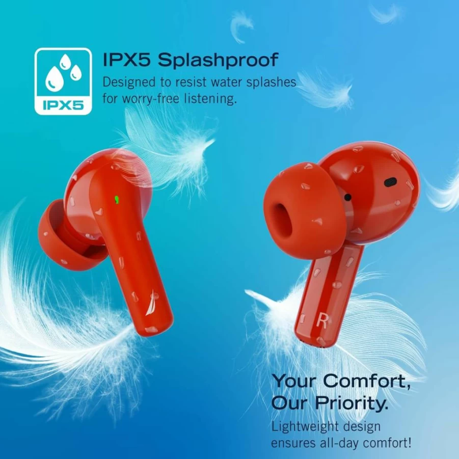 NAUTICA Wireless Bluetooth Earbuds with 16H Playtime, 4-Mic ENC for Clear Calls, Bluetooth 5.3, IPX5 Waterproof, Touch Control, Lightweight for iOS/Android (Red)