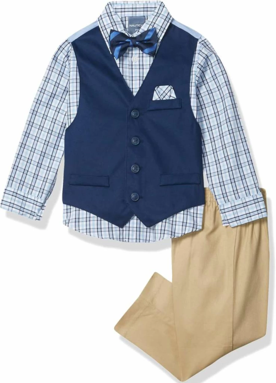 Nautica Boys' 4-Piece Formal Suit Set with Vest, Dress Pants, Collared Shirt, and Tie for Special Occasions