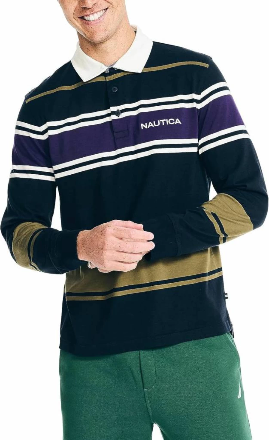 Nautica Men's Long-Sleeve Rugby Shirt - Classic Cotton Polo for Casual Wear