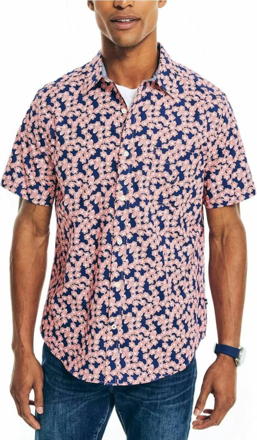Nautica Men's Stylish Printed Short-Sleeve Poplin Shirt for Casual Wear
