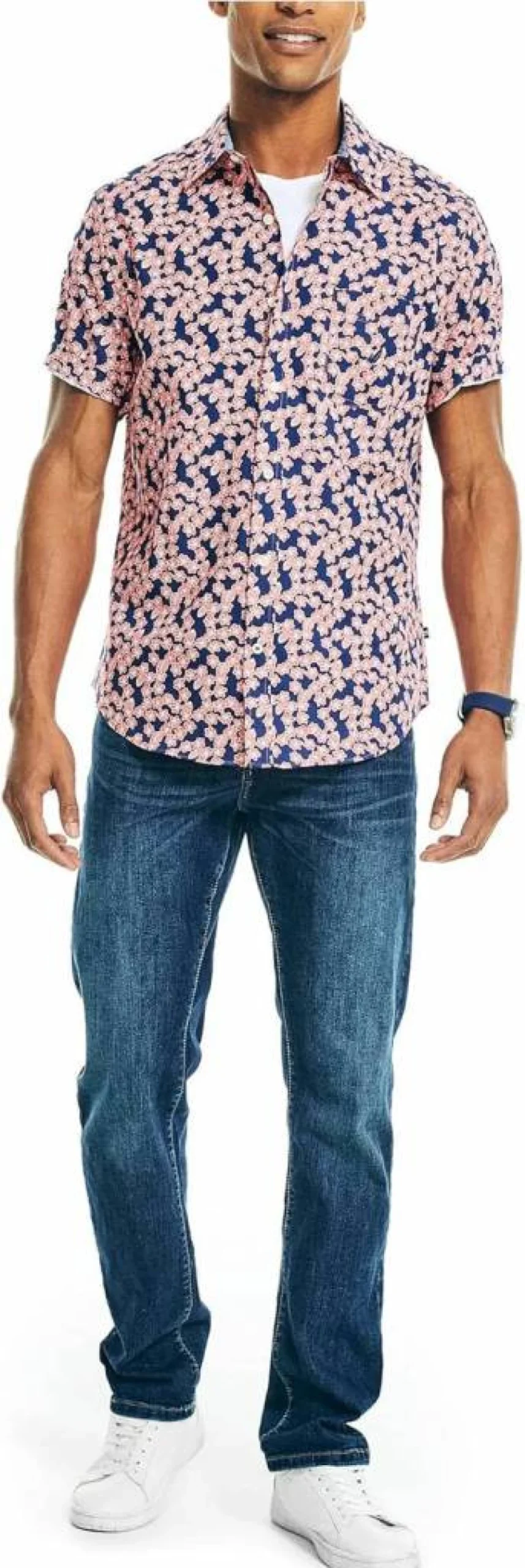 Nautica Men's Stylish Printed Short-Sleeve Poplin Shirt for Casual Wear