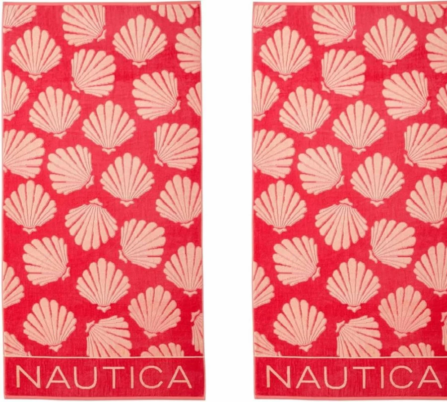 Nautica Oversized Beach Towel Set - 2-Pack Plush Velour Towels, Quick Dry & Absorbent, Seashell Seashore Pink, Hanging Loop for Adults, Travel & Vacation Essentials