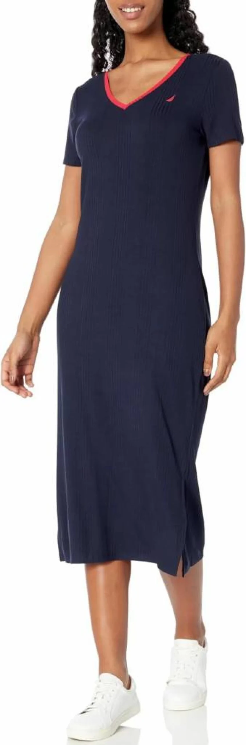 Nautica Women's Ribbed Knit V-Neck Short Sleeve Casual Dress