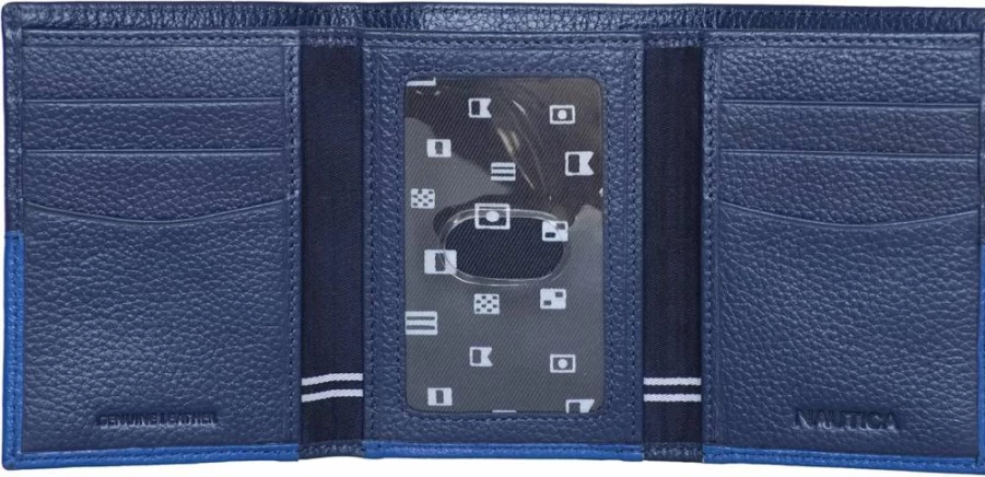 Nautica Men's Genuine Leather RFID Blocking Trifold Wallet with ID Window & Multiple Card Slots | Durable Designer Wallet for Men