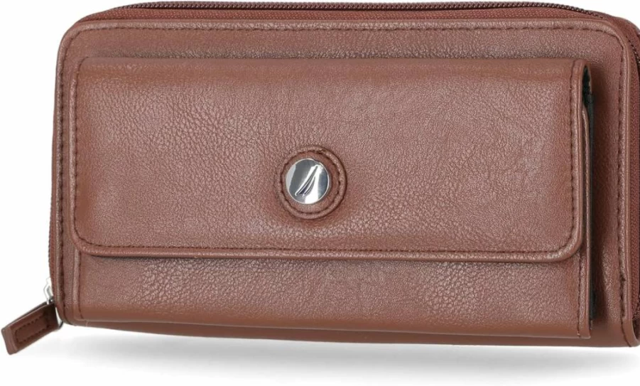 Nautica Women's Vegan Leather RFID Wallet – Large Zip-Around Clutch with Phone Case & Multi-Card Organizer, Earth Tone Fashion Accessory