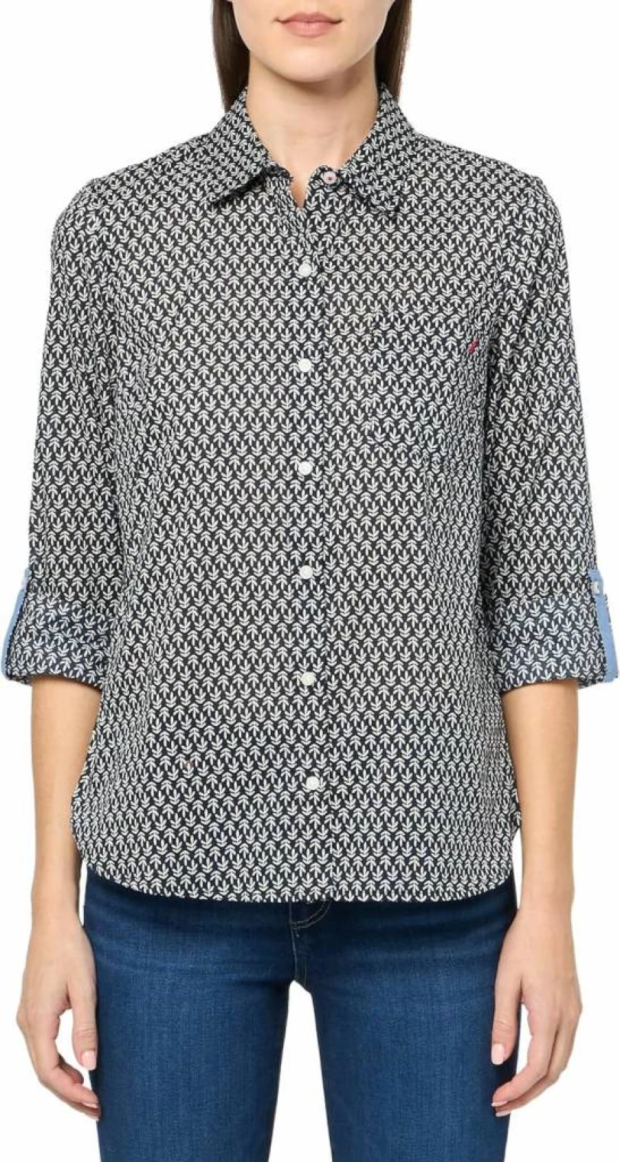 Nautica Women's Classic Long Sleeve Button-Down Shirt with Roll Tab Sleeve Detail