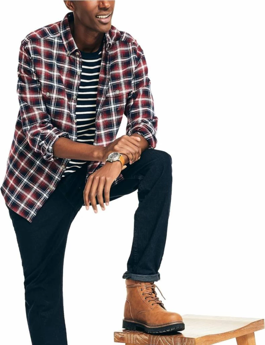 Nautica Men's Sustainable Flannel Plaid Shirt - Eco-Friendly Casual Button-Up for Men