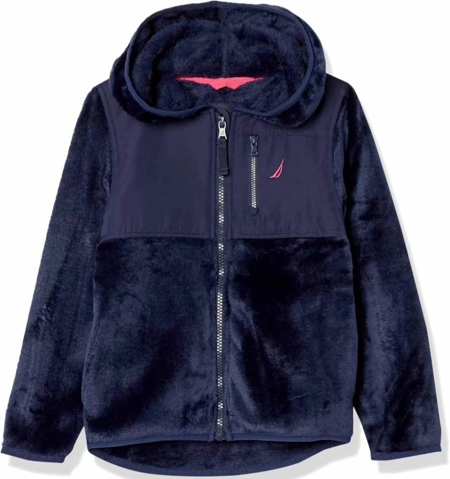 Nautica Girls' Lightweight Faux Fur Jacket with Hood, Nylon Yoke, and Full-Zip Front – Stylish Winter Coat for Kids