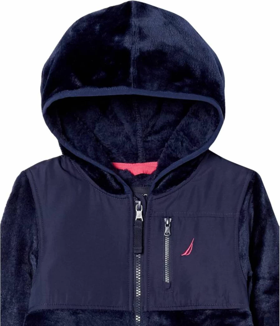 Nautica Girls' Lightweight Faux Fur Jacket with Hood, Nylon Yoke, and Full-Zip Front – Stylish Winter Coat for Kids