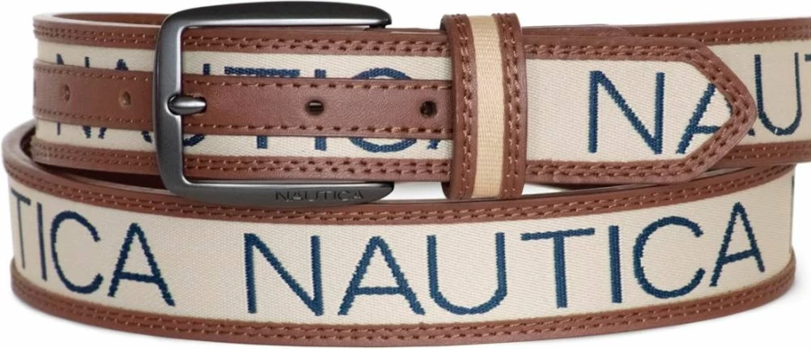Nautica Men's Classic Casual Leather and Canvas Belt with Metal Buckle, Ribbon Detail, and Flag Design | Signature Style