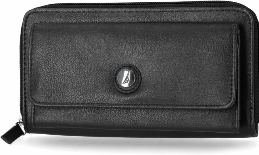 Nautica Women's Vegan Leather RFID Wallet - Large Zip Around Clutch with Phone Case & Card Organizer, Black
