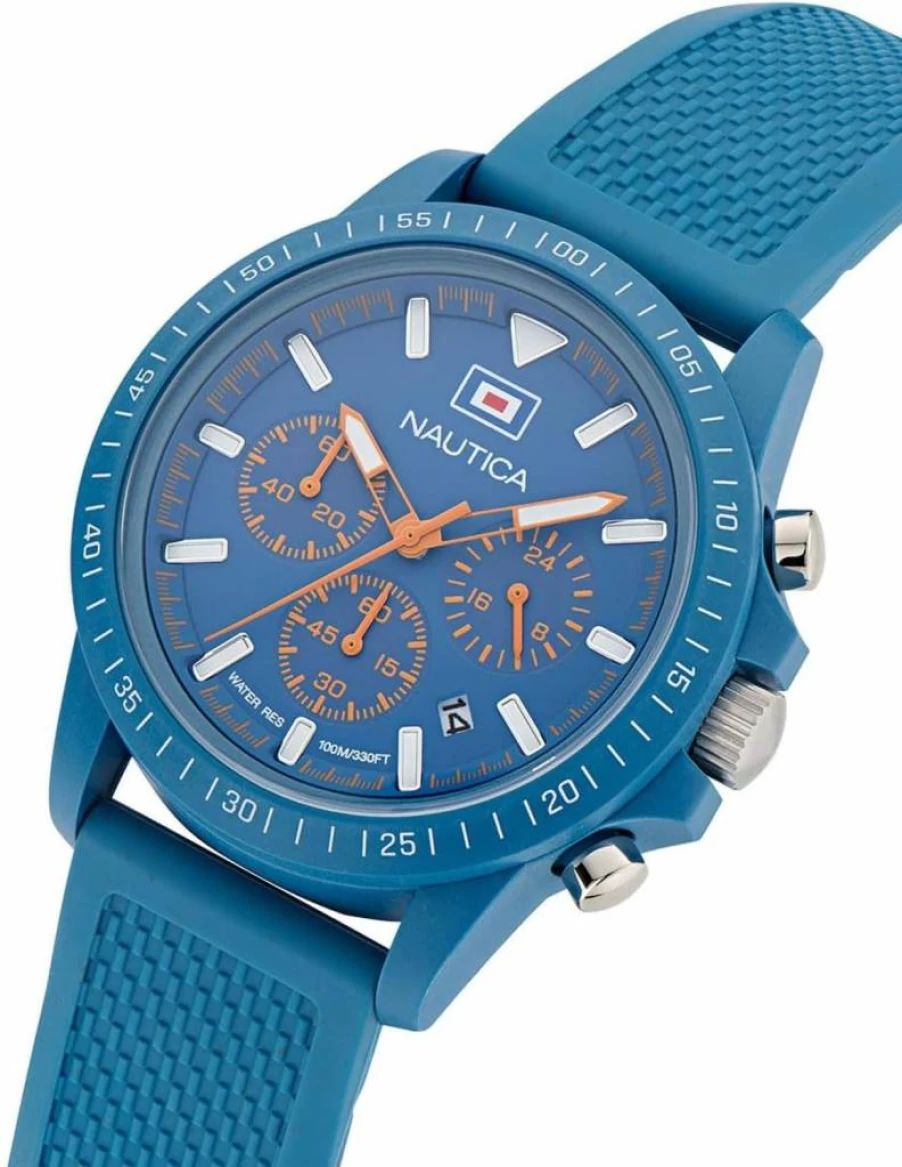 Nautica Men's Light Blue Wheat PU Leather Strap Watch - Model NAPNOS4S1, Waterproof Casual Chronograph Timepiece