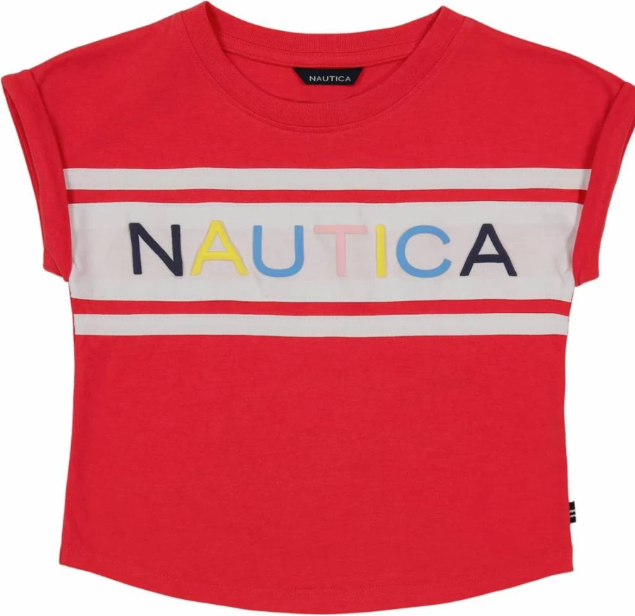 Nautica Girls' Graphic Logo Short Sleeve Tee - Soft Cotton Casual T-Shirt for Everyday Comfortable Wear