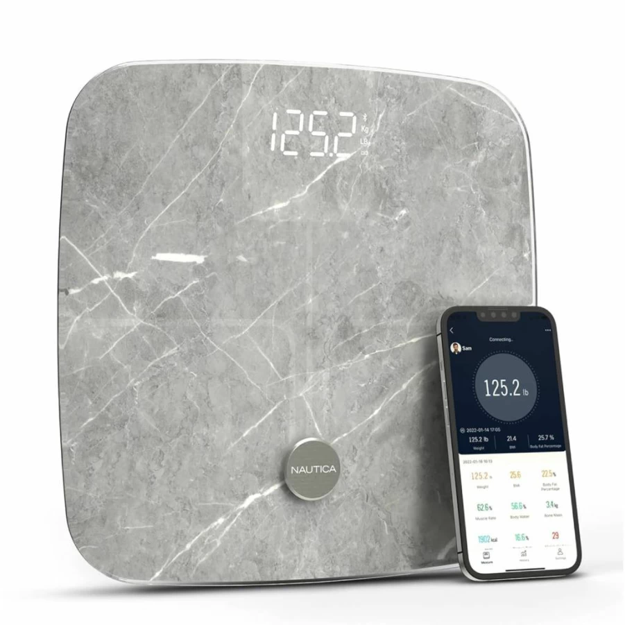NAUTICA Bluetooth Smart Bathroom Scale with BMI, Body Fat, Muscle Mass Tracking – Syncs to App, Digital Weight Scale for Body Composition, 440 lbs Capacity