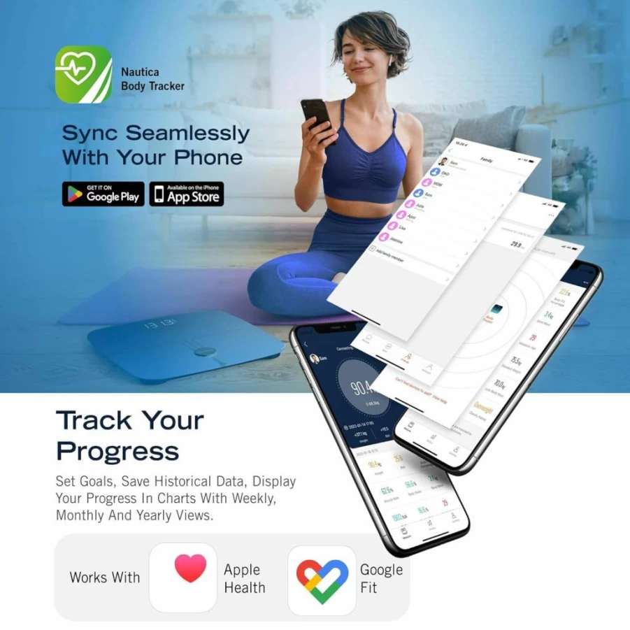 NAUTICA Bluetooth Smart Bathroom Scale with BMI, Body Fat, Muscle Mass Tracking – Syncs to App, Digital Weight Scale for Body Composition, 440 lbs Capacity