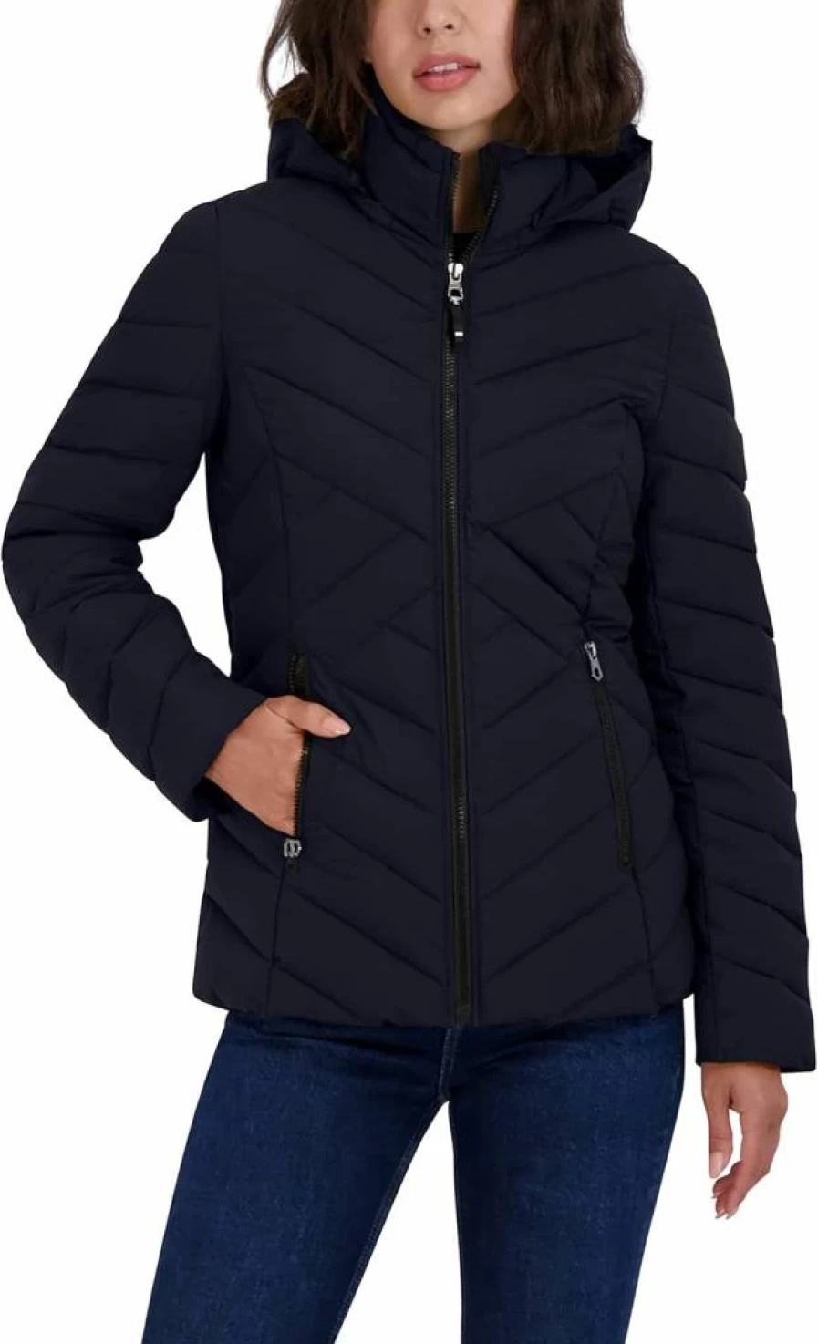 Nautica Women's Lightweight Puffer Jacket with Removable Hood - Stretchable Short Winter Coat