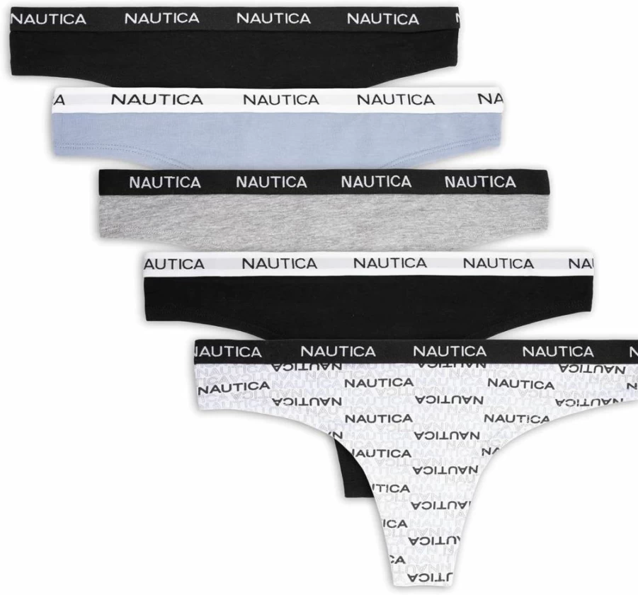 Nautica Women's 5-Pack Cotton Thong Underwear Set - Soft Comfortable Breathable Panties