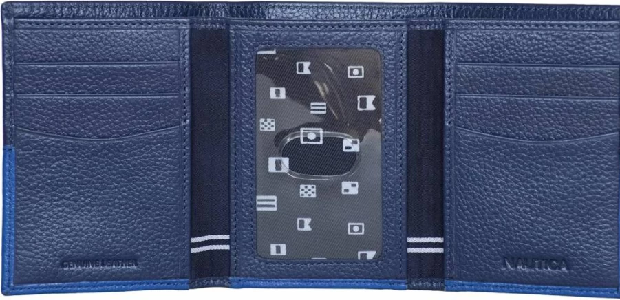 Nautica Men's Genuine Leather RFID Blocking Trifold Wallet with ID Window & Multiple Card Slots