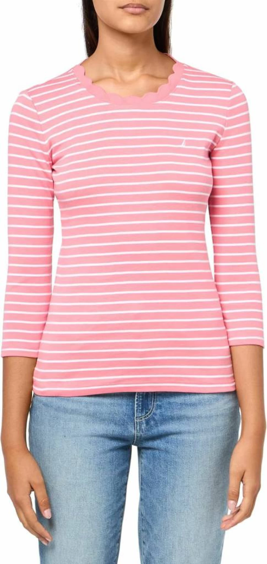 Nautica Women's Striped Cotton Knit Top with Scalloped Hem and 3/4 Sleeves